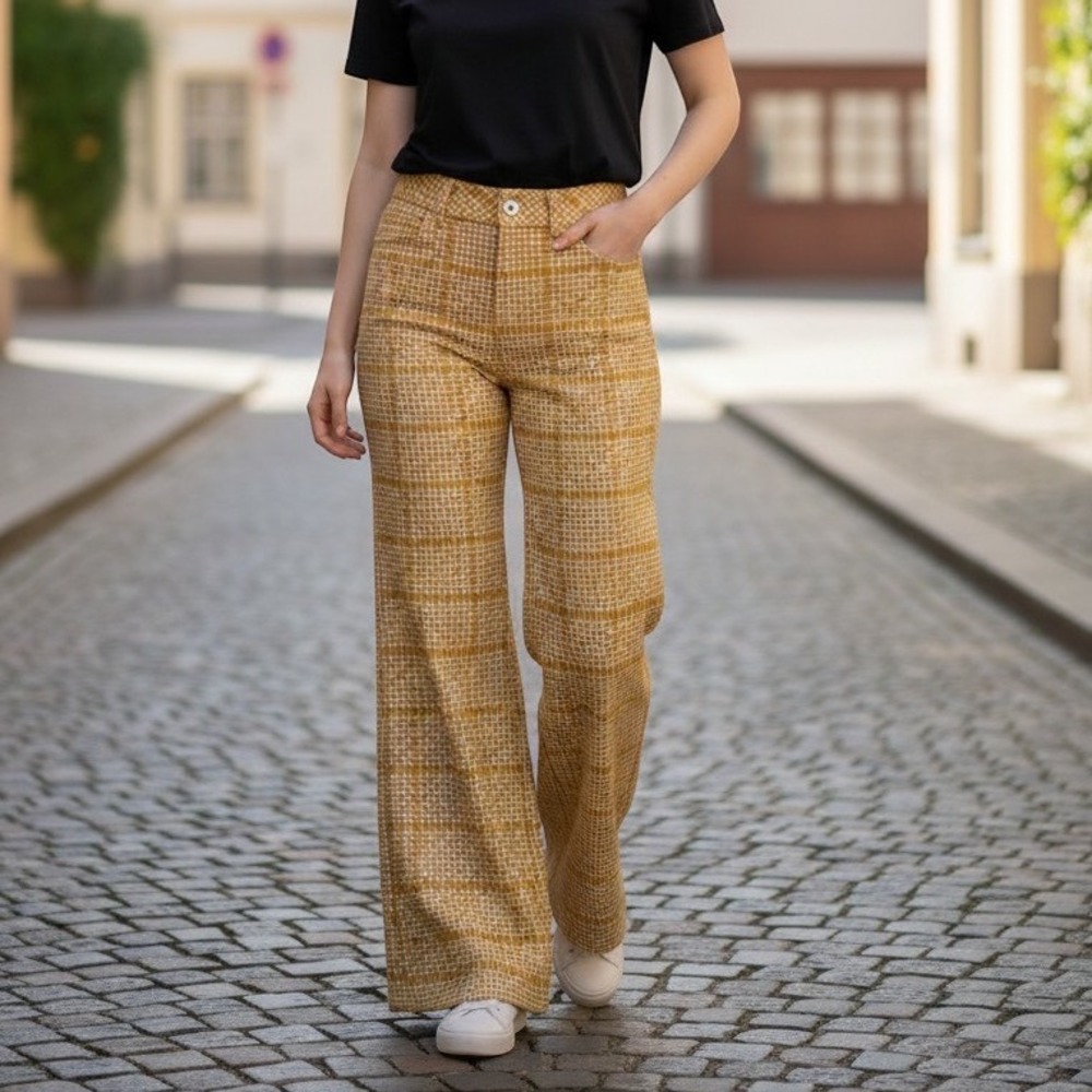 Anthropologie Maeve Wide Leg Houndstooth Pants Yellow Ivory Size 4 NWT